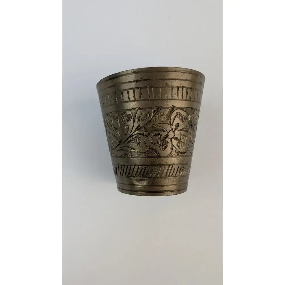 Vintage Brass Shot Glasses Set of 2 Etched Floral Metal Cups India Barware